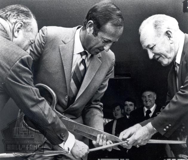 At the Pro Football Hall of Fame ribbon-cutting ceremony during an expansion were, left to right: HOF Board President Earl Sc