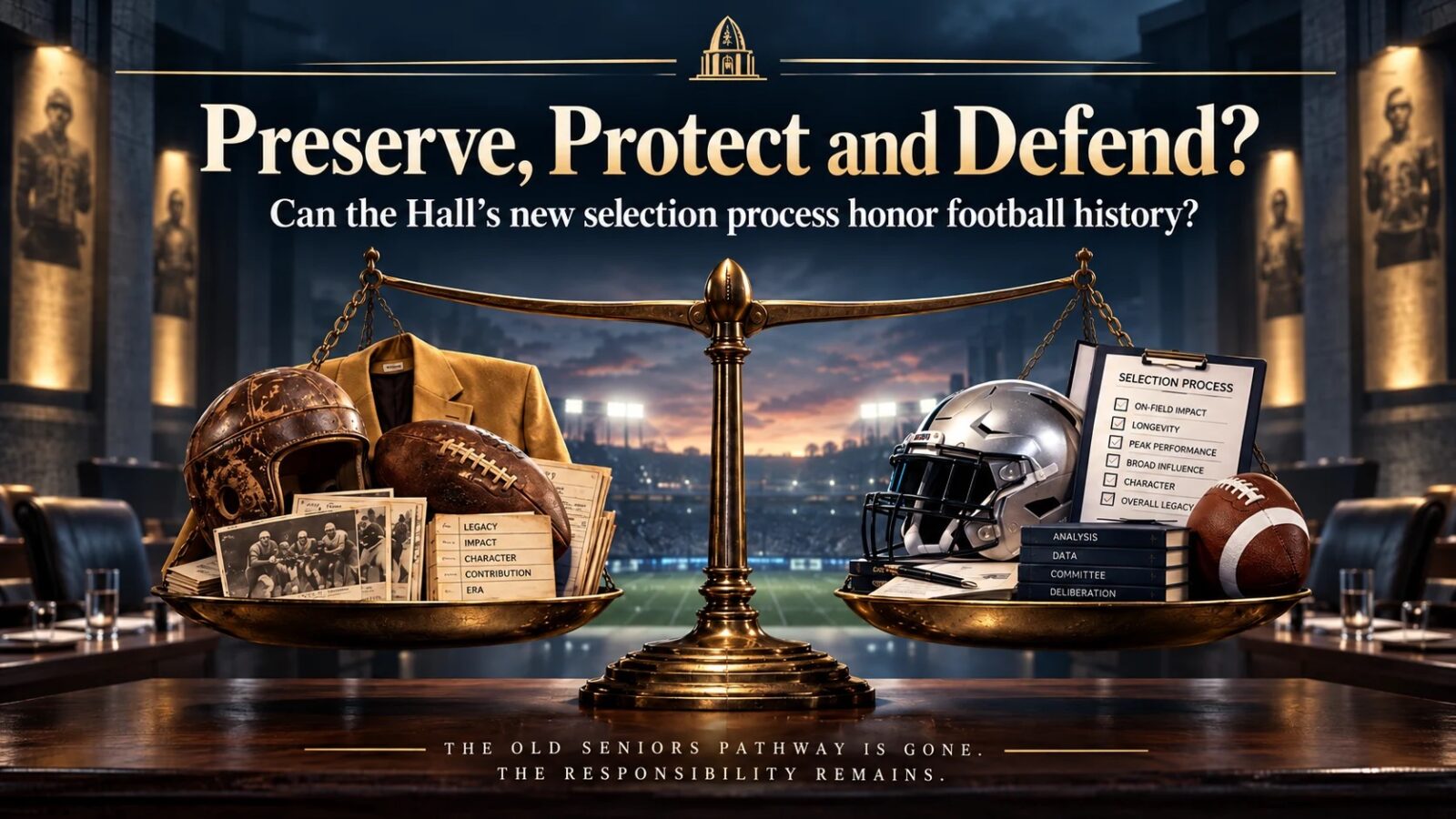 A scale weighs old football memorabilia against the Hall of Fame’s new selection process checklist